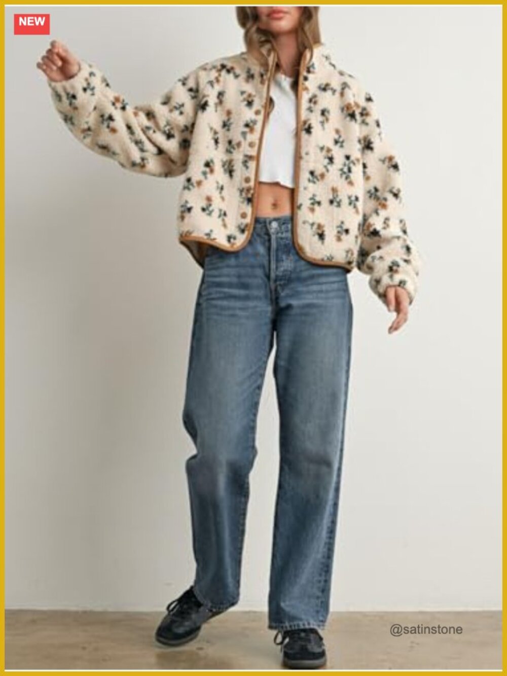 Womens Florals Print Fuzzy Faux Fur Teddy Jacket Snap Button Winter Coat - Picture 5 of 6